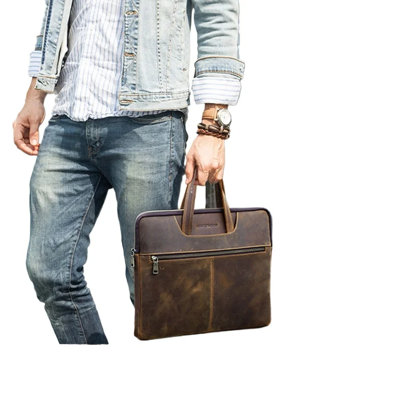 Genuine Leather Laptop Bag for MacBook 15 Inch Zippered Handmade Briefcase