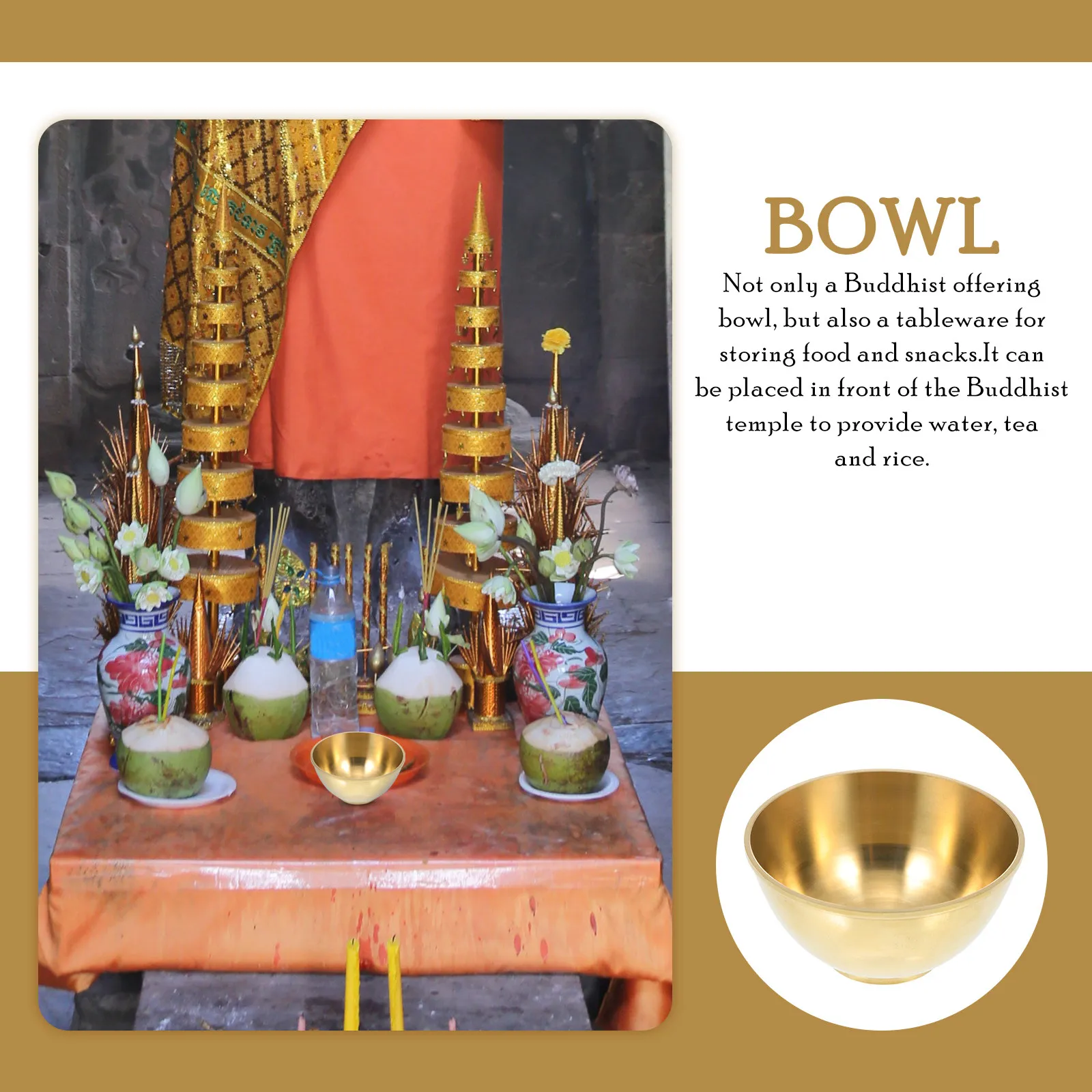 Copper Bowl Traditional Style Golden Design Buddhist Offering Bowl Sacred Water Container Altar Supply Temple Worship Ritual