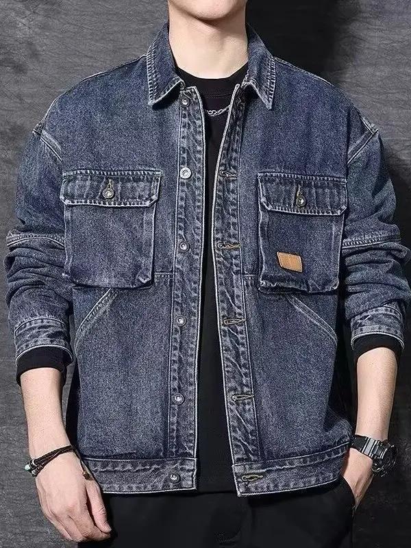 Classic American Style Loose Fit Men's Denim Jacket Spring Autumn New Arrival Youth Workwear Jacket Long Sleeve Pure Color
