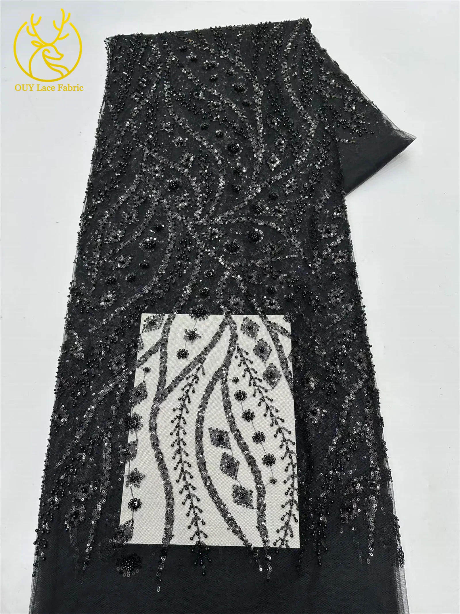 Schwarzer Afrikanischer Pailletten-Perlen-Spitzenstoff 2026 Modischer Nigerianischer Pailletten-Tüll-Spitzenstoff für Hochzeitskleider 5 Yards – Detail 16