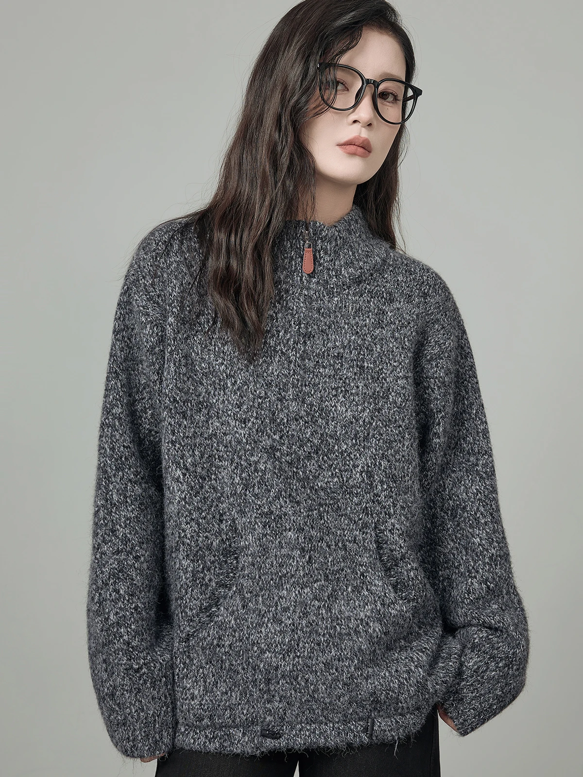 

HuiXi Deep ey Knitted Sweater Women's Loose Casual All-Match Overhead Winter New Sle Comfortable Long Sve Crew Ne
