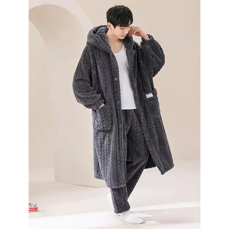 Hooded Robe for Men Sleepwear Bathrobe Winter Night Wears Warm Fleece Pajama Button One Piece Nightgown Pocket Homewear 2024 New