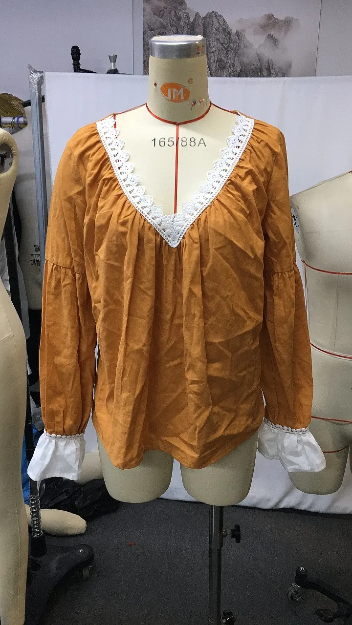 

Women Blouse 2026 New Spring Autumn Solid Color Splicing Lace V-Neck Long Sleeve Loose Fit Casual Daily T-Shirt Top