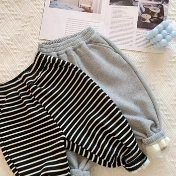 Kids Plush Trousers 3 Autumn Winter Boys' and Girls' Sports Plush Pants New Korean Edition Striped Children's Pant Boys Pants Girls Winter Clothes 3