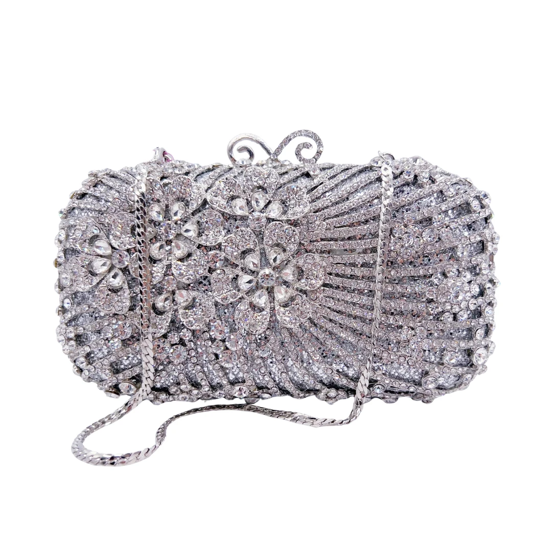 WHTUOHENG Silver Rose Floral Purses Crystal Rhinestone Wedding Party Bridal Handbags Evening Clutch Bag Women Diamond Purses
