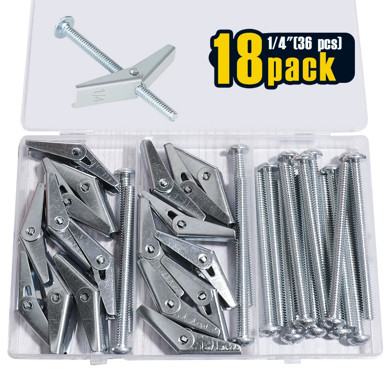 18 Pack 1/4 Inch Heavy Duty Drywall Anchors and Screws,Toggle Bolts and Wing Nuts Set, Hollow Drywall Anchors Bolts Screws
