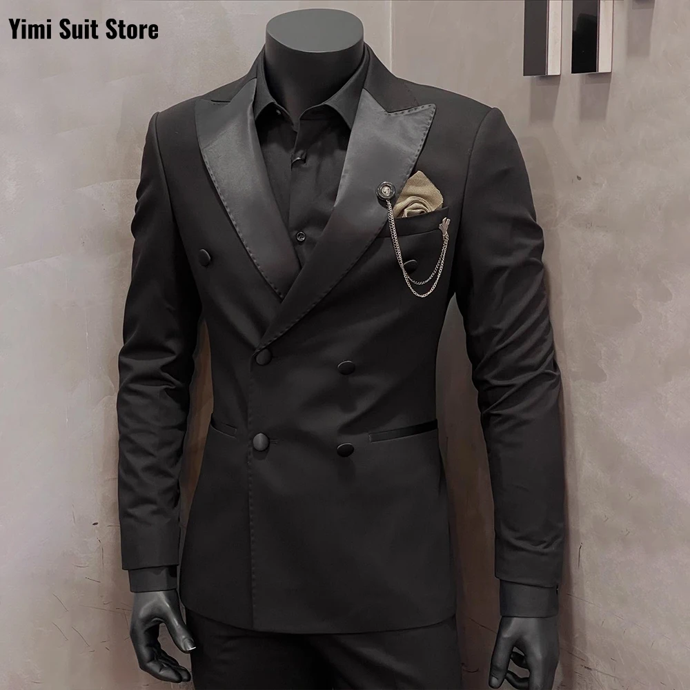 

3 Pieces Men's Suits Black Men Office Double Breasted Suit Outfits Formal Wedding Business Casual Male Suits Jacket+Vest+Pant