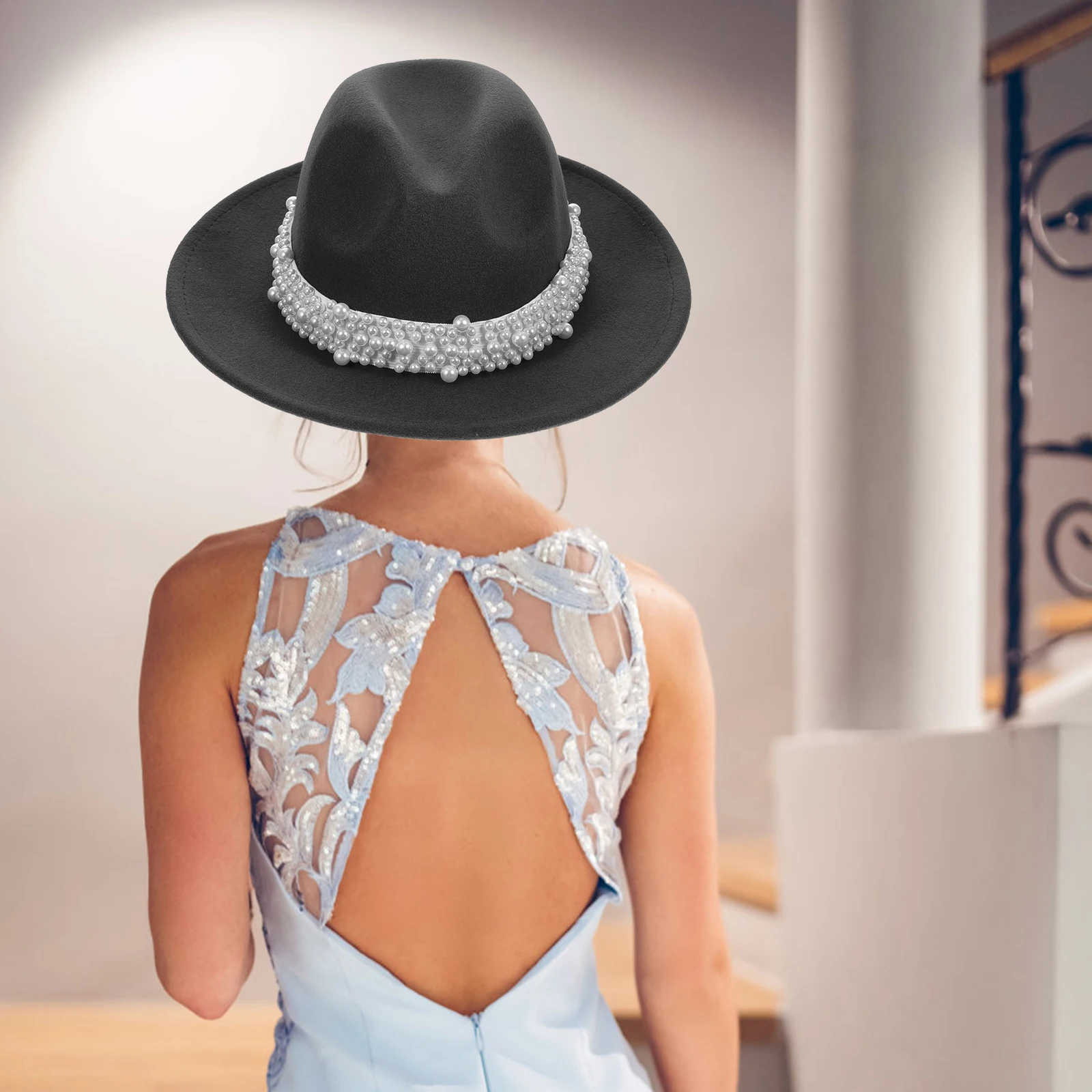 

1pc Pearl Decorated Women'S Elegant Fedora Hat Wool Felt Wide Brim Detachable Lightweight Party Cocktail Jazz Hat Vintage Gift
