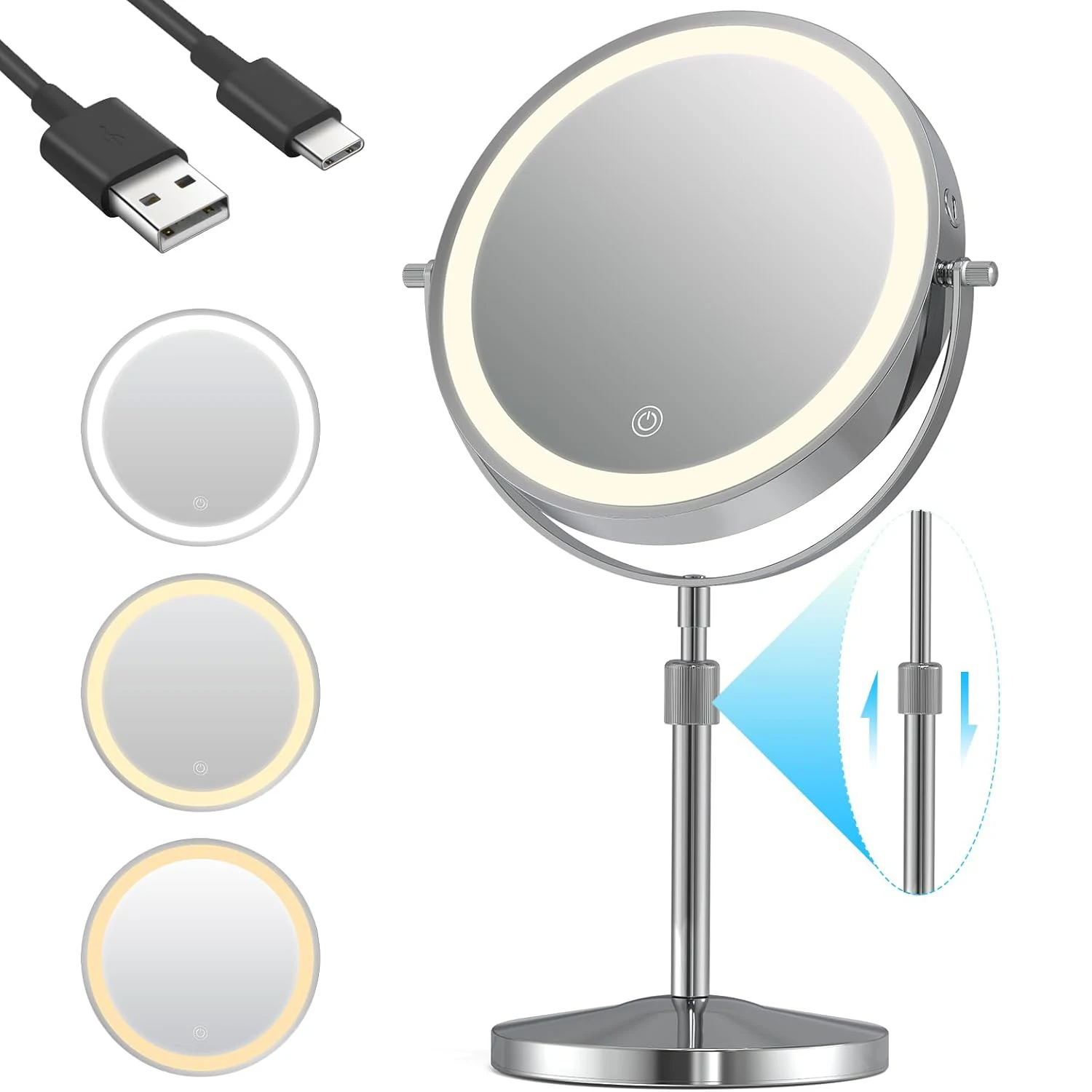 

8-дюймовое зеркало для макияжа с подсветкой, зарядка через USB, 10-кратное увеличительное косметическое зеркало с регулируемой подсветкой, косметическое зеркало