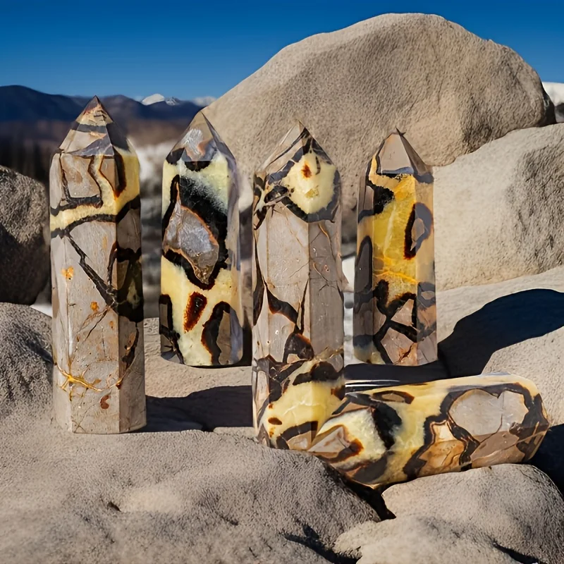 1pc Unique Septarian Stone Crystal Point Tower – Bohemian Style Hexagonal Obelisk for DIY Crafts, Home Decor, Crystal Grids