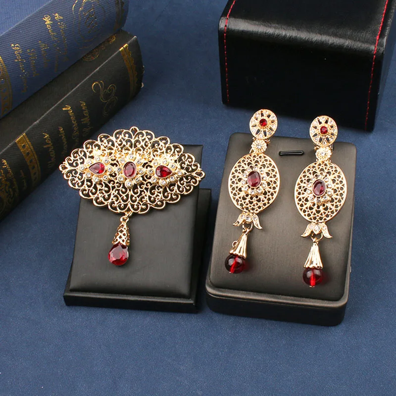 

Moroccan Wedding Jewelry Set Robe Needle Bridal Gift Colored Crystal Brooch Pendant Women Earrings Moon Shape