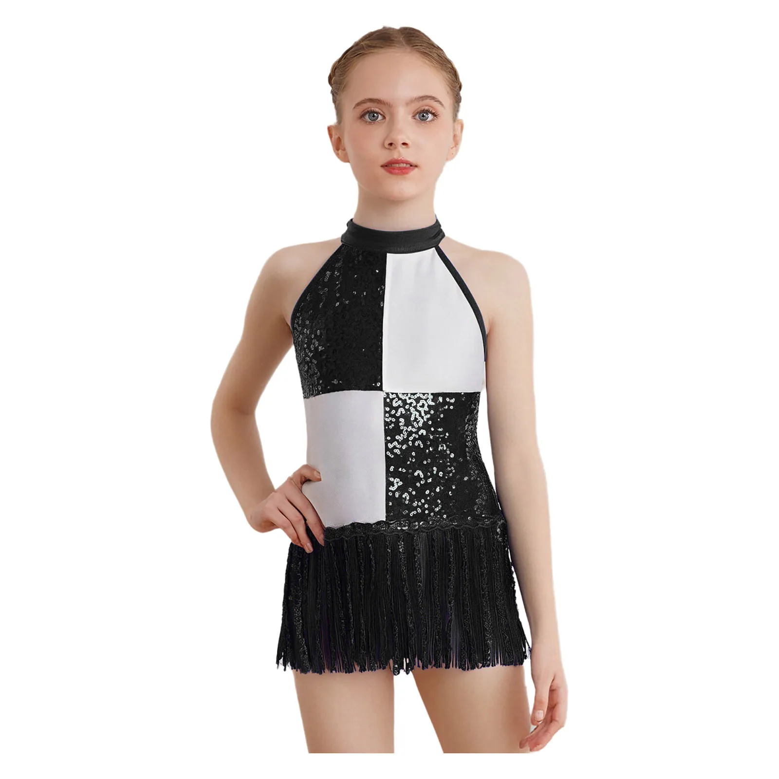 Kids Meisjes Gymnastiek Turnpakje Schaatsen Ballet Jersey Latin Dans Kostuum Glanzende Pailletten Kwastje Halter Backless Turnpakje Bodysuit