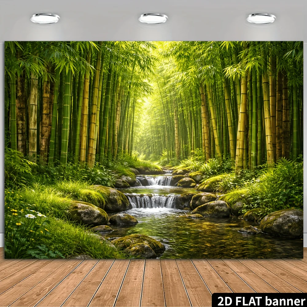 Green Bamboo Forest Stream Nature Tapestry Zen Landscape Wall Hanging Yoga Studio DecorPeaceful Scenery Fabric Poster Art2D Flat