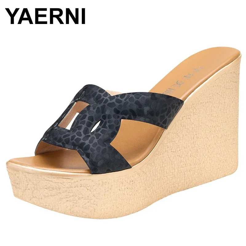 

2025 Small Size 34-43 Sexy Flock Leather Platform Shoes Wedges Slippers Women Summer High Heels Slides for Beach Office