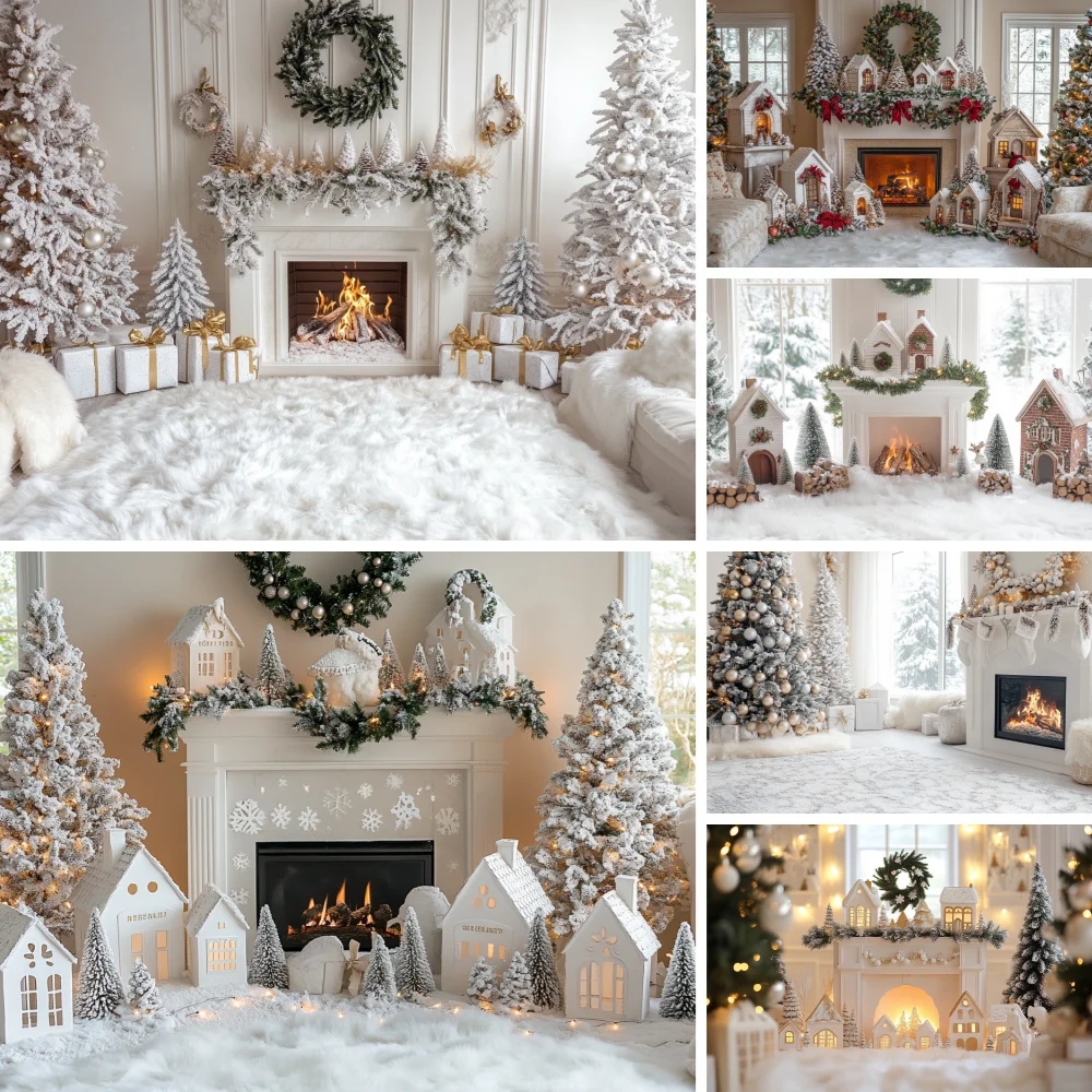 

White Christmas Backdrop Christmas Fireplace Xmas Tree Gift Kids Family Party Photocall Decor Photography Background Photo Props