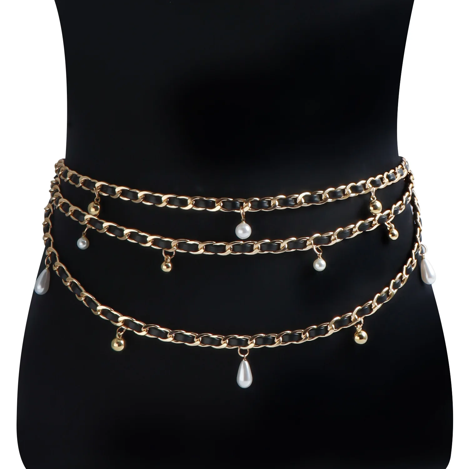 3-layer Waist Chain Fashion Multi-layer Imitation Pearl Ball Pendant Waist Chain Belt Distinctive Leather Winding Chain Body Cha