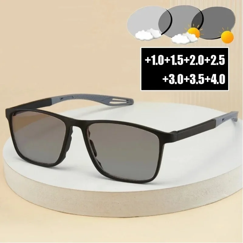 Ultraleichte TR90 Photochrome Presbyopie-Brille, Vintage Sport-Farbwechsel-Sonnenbrille, Fertige Lesebrille 0 bis +4,0