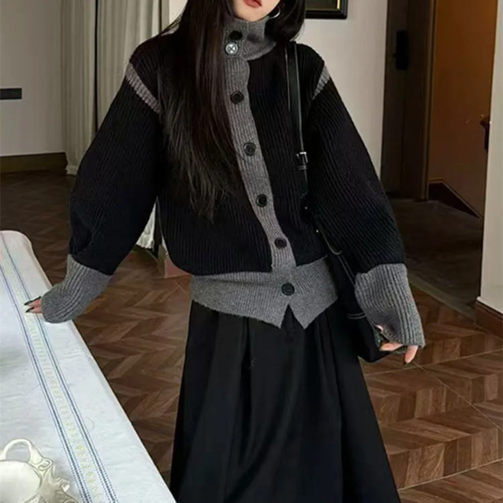 Color-blocking Design Women Cardigan Single Breasted Knit Top New Minimalist Sweater Coat Casual Daily Loose Outwear For Ladies