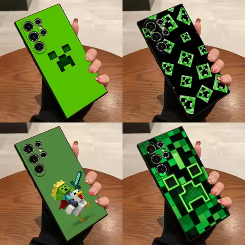 Green Pixel Monster C-Creeper Phone Case For Samsung S25,S24,S21,S22,S23,S30,Ultra,S20,Plus,Fe,Lite,5G Black Cover