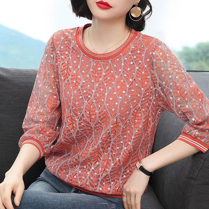 Women\'s Clothing Stylish Lace Spliced Blouse Casual O-Neck Spring Summer 3/4 Sleeve Loose Commute Korean Polka Dot Printed Shirt