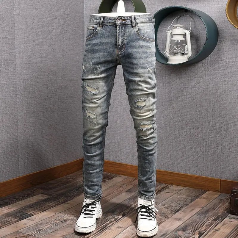 

Fashion Designer Men Jeans Retro Washed Blue Elastic Skinny Fit Ripped Jeans Men Elastic Trousers Vintage Denim Pants Hombre