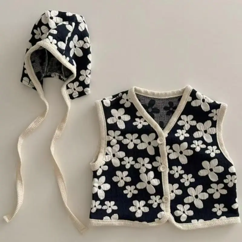 

New Baby Thin Vest Korean Male and Female Infants Sweet Flower V-neck Vest with Hat Baby Vest Fashion