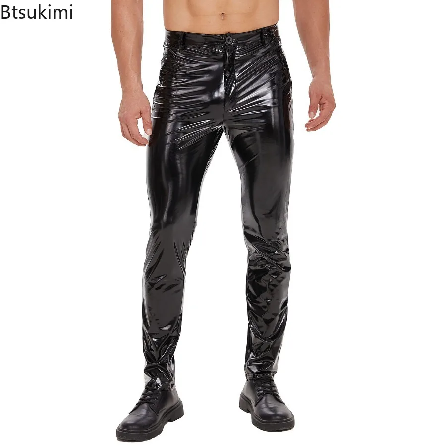 

New Men's Zip Leather Pants Casual Straight Shaped Pants Comfortable Shiny High Elastic Leggings Rave Party Men Pants All Season