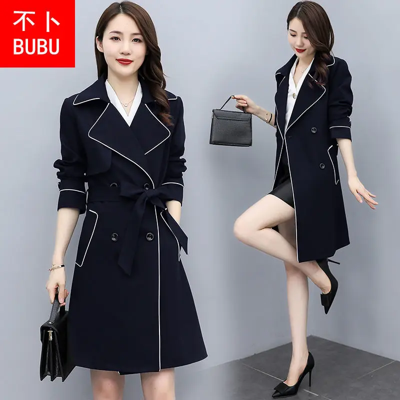 

Women'S Leather Trench Coat Casual Topstitched Unique V-Collar Art Elegance Overknee Tie-Dye Embellished Tweed Adjustable
