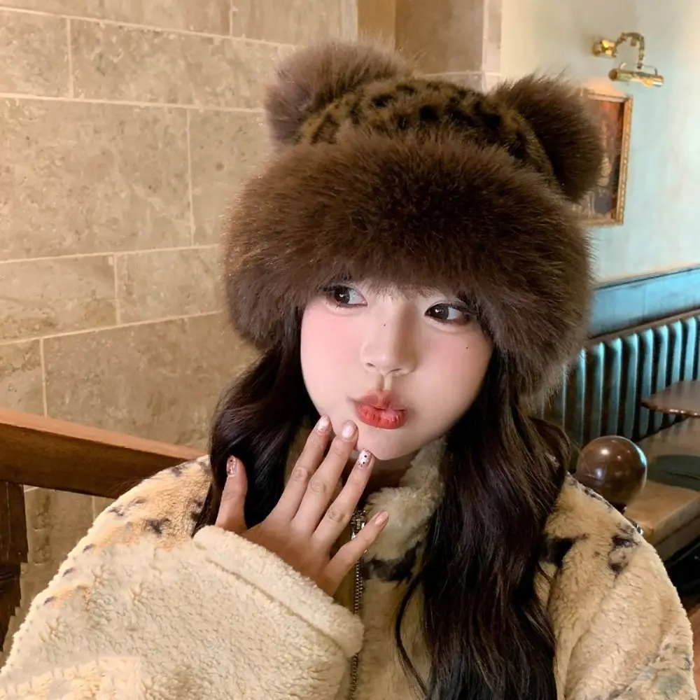 

Warm Cap Bear Ears Plush Hat Korean Style Brimless Leopard Print Bucket Hat Faux Fur Windproof Plush Mongolian Hat Ski