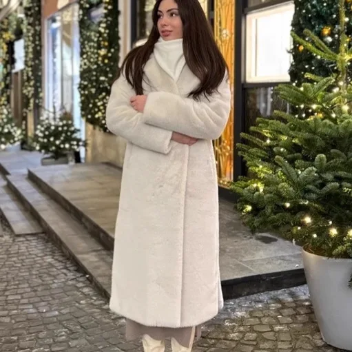 Abrigo largo de piel sintética con cordones para mujer, chaqueta de piel Artificial gruesa y cálida con cintura ceñida para mujer, abrigo peludo ajustado para invierno