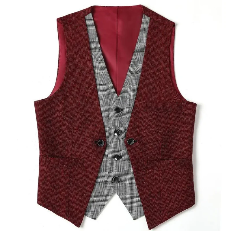 Herringbone Men Vest Burgundy Slim Fit V Neck With Gray Grid Single Breasted Waistcoat Casual Formal Business Men Coat