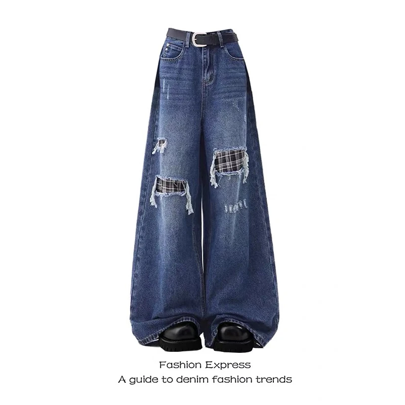 

ZHIZOU женские синие джинсы Y2k, мешковатые эстетические винтажные брюки-карго, уличная одежда в стиле Харадзюку, тройные джинсовые брюки 2000-х годов, одежда