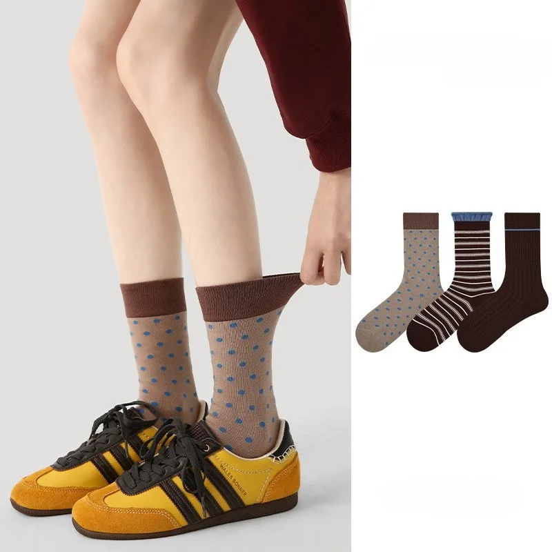 

3 Pairs Women's Warm Socks Set Autumn and Winter New Striped Lace Polka Dot Mid Tube Socks Cotton Women Socks High Quality 2025