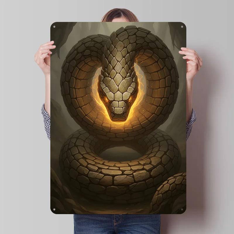 Stone Snake With Glowing Eyes Tinplate Poster Custom Wall Art Vintage Metal Signs Retro Tin Plaque for Home Decor Living Room