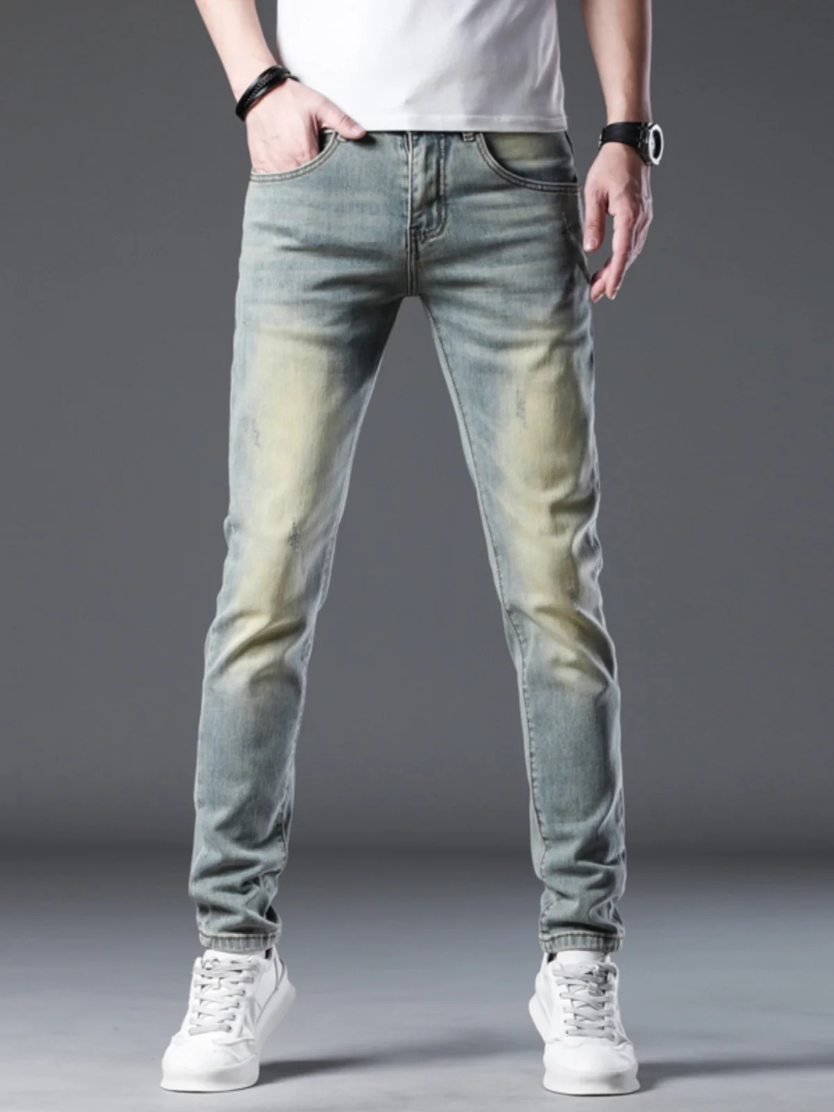 

Мужские джинсы из выцветшего денима в стиле ретро, модные брендовые, весенне-осенние, эластичные, зауженные, повседневные, длинные брюки, мужская мода