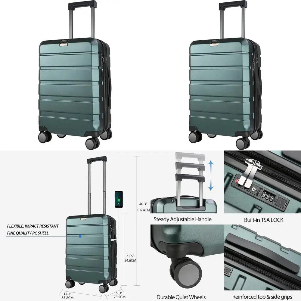 

Расширяемый жесткий чемодан-спиннер с замком TSA, USB-портом, 20-дюймовый, темно-зеленый, ручная кладь