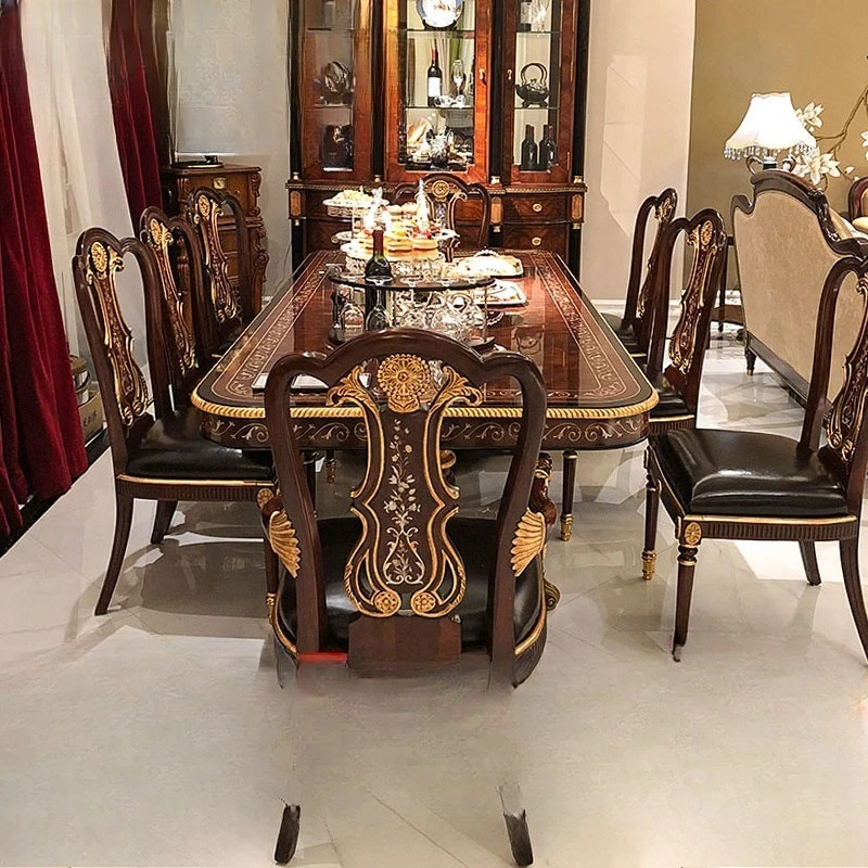 

Long dining table, Italian neoclassical shells, solid wood carvings, English and French shells, inlaid dining tables and chairs