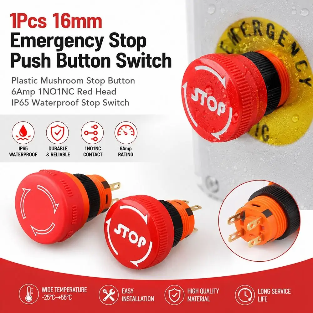 1Pcs 16mm Emergency Stop Push Button Switch Plastic 1NO1NC Mushroom Stop Button Red Head 6Amp Current