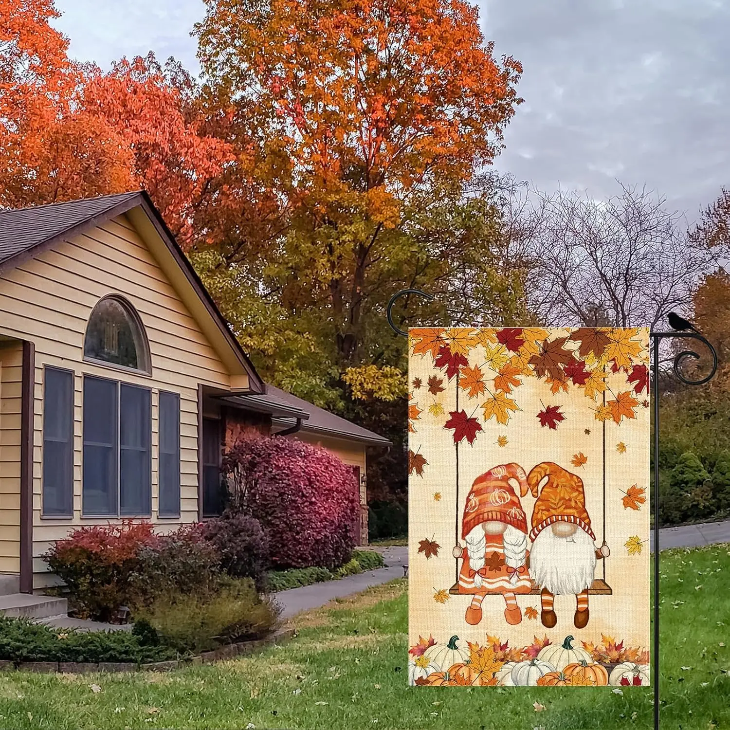 Fall Gnomes Swing Maple Leaves Pumpkins Autumn Garden Flag Yard Flag 12x18 Inch Double Sided Small Mini Yard Outdoor Outside JHH