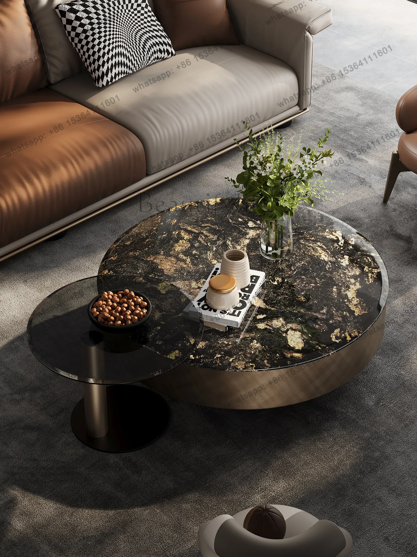 yj9 2026 natural luxury stone high-end round high and low coffee table side combination