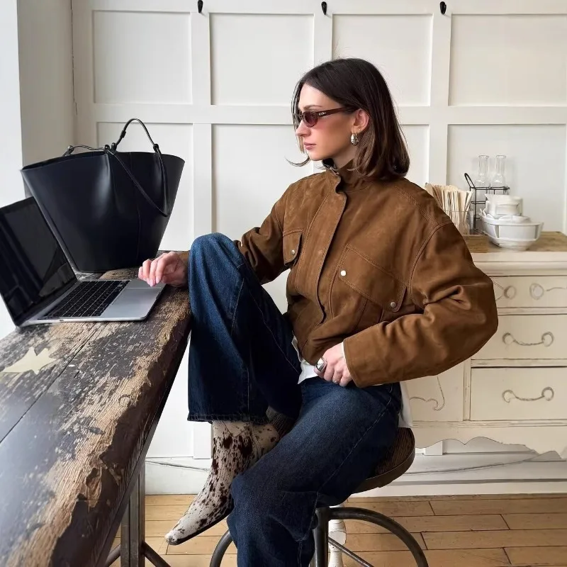 Women 2026 Spring Autumn New Hot Selling Fashion Loose Zip Stand Collar Suede Jacket Coat Trendy Chic Casual Daily Bestseller