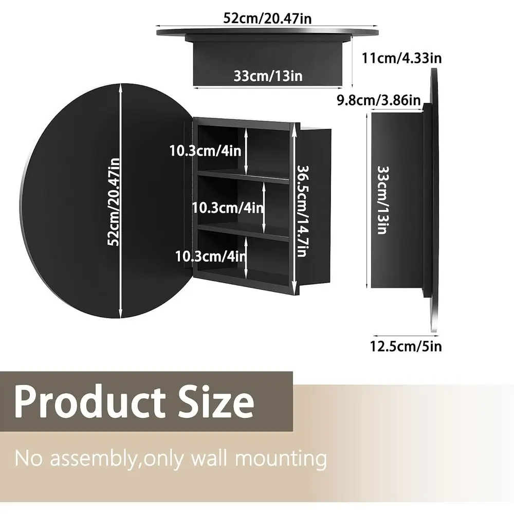 Round Wall-Mounted Medicine Cabinet with Mirror and Storage, 20.47 Diameter, Metal, Ready to Use