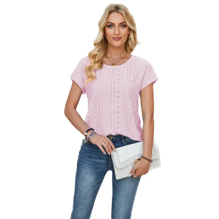 and American women's clothing 2025 Amazon spring and summer new products loose round neck hole eye lace solid color T-shirt