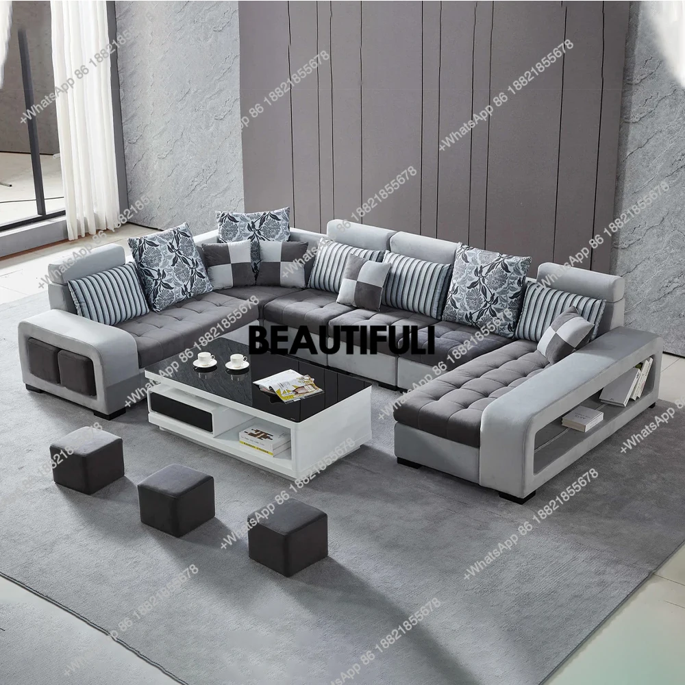 Dark Grey & Light Grey Fabric Sectional Couch With Chaise, U-Shape Coth Living Room Sofa With Stools Home Furniture