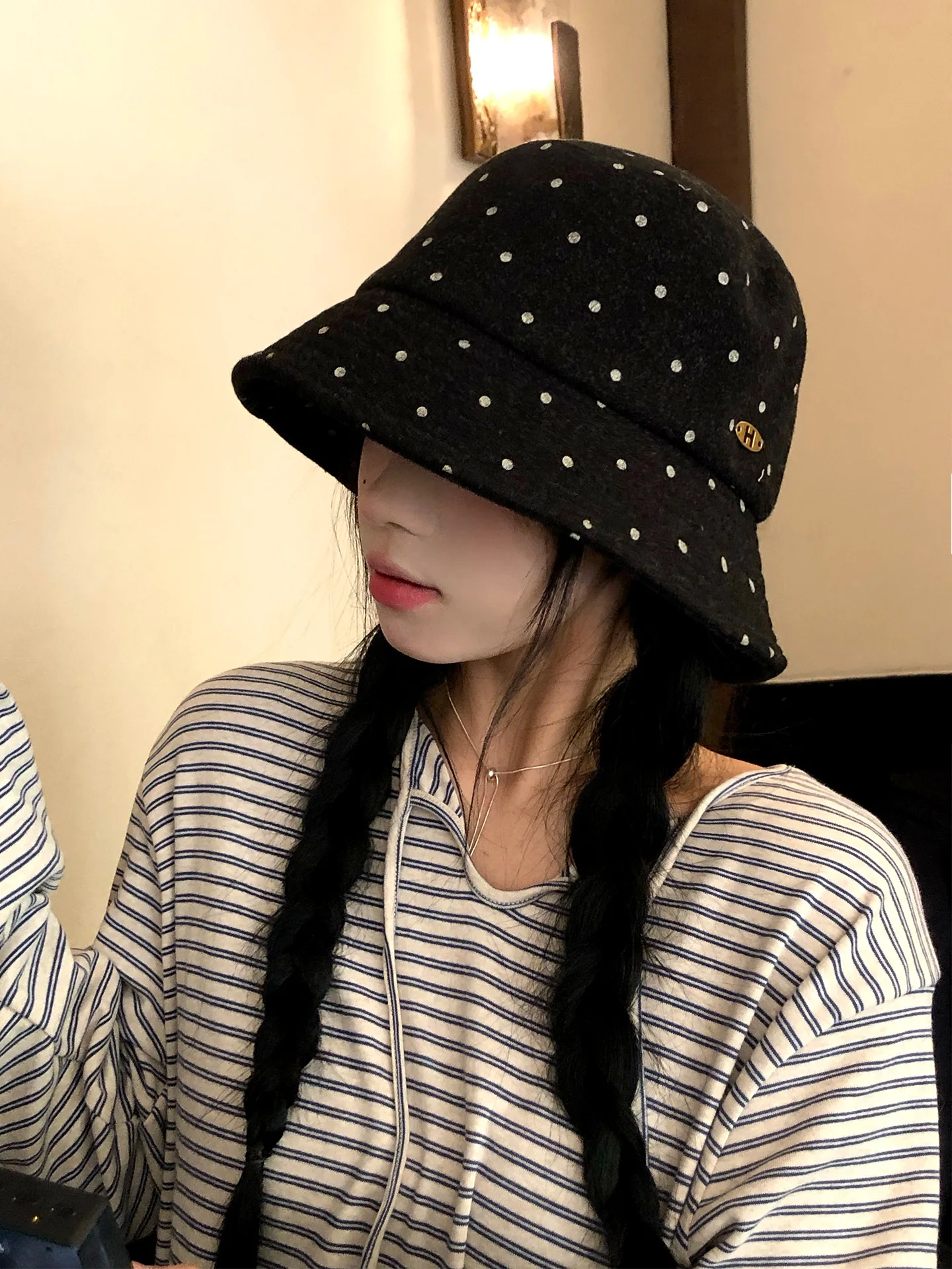 Retro Polka Dot Bucket Hat Women's Large Head Circumference Face Slimming Bucket Hat Versatile Natural Face Water Bucket Hat