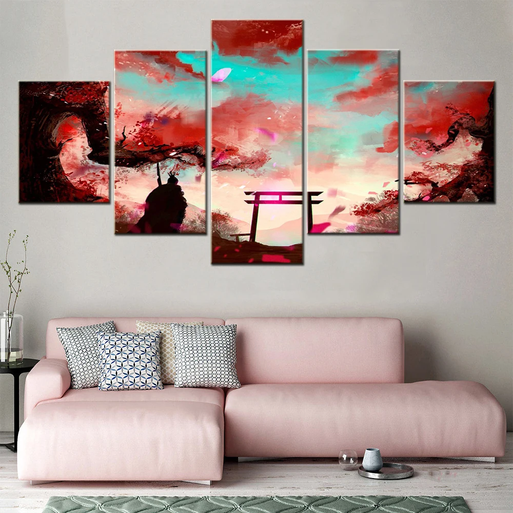 

5 Pieces Animation Landscape Canvas Ghislain Painting Samurai Sakura Torii Poster Picture Print Home Decor Living Room Wall Arts