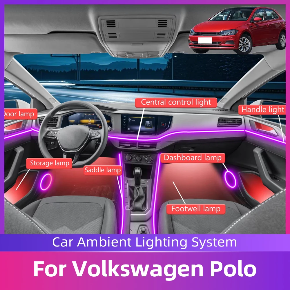 For Volkswagen Polo Car Interior Mood Ambient Light RGB 64-Color Kit Hidden Acrylic Strip Symphony Atmosphere Lamp