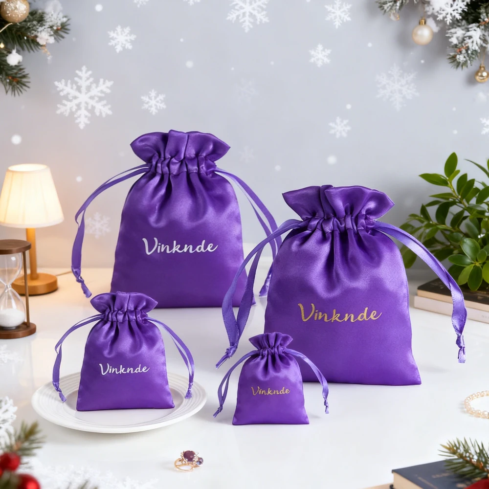 

100 шт., фиолетовые атласные шелковые сумки на шнурке, сумки с индивидуальным логотипом, серьги, упаковочные сумки для ювелирных изделий, свадебный подарок, мешок для хранения конфет