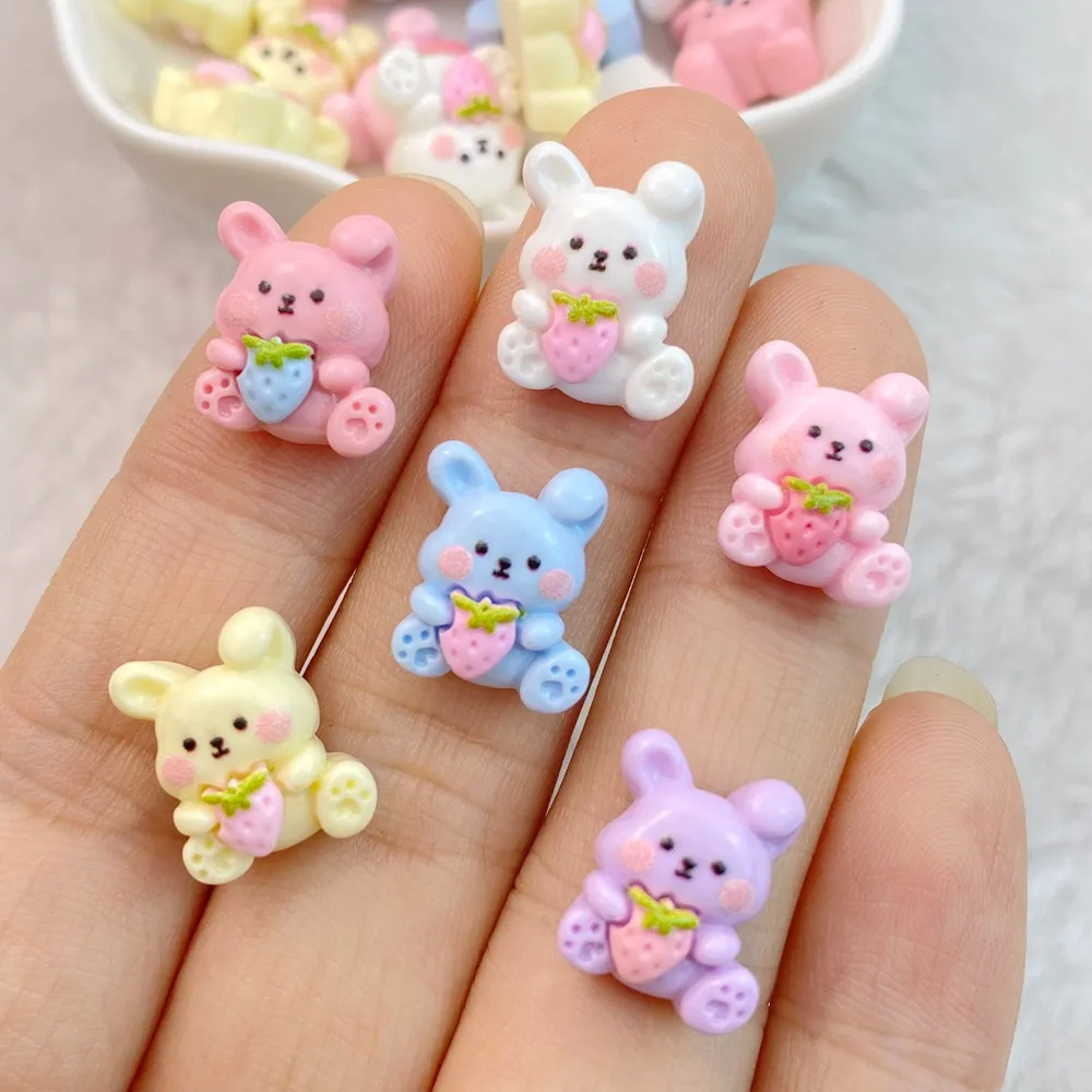 20Pcs New Cute Resin Little Strawberry Rabbit  Flat Back Ornament Jewelry Making Manicure Hairwear Accessorie