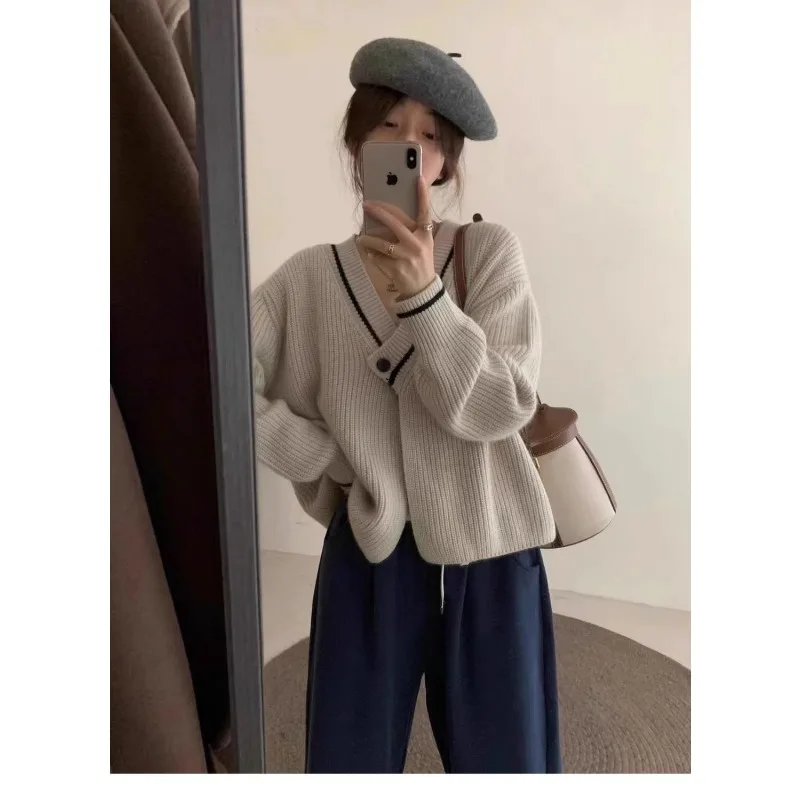 Cárdigan de punto de Color contrastante con cuello en V Retro francés para mujer, Top corto holgado de otoño e invierno